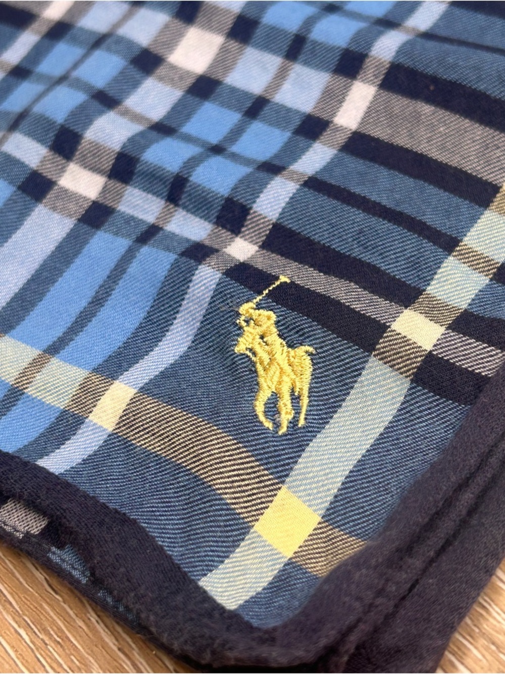 Ralph Lauren Plaid Pocket Square with Embroidered Polo Logo Blue Yellow Tartan - Picture 5 of 6